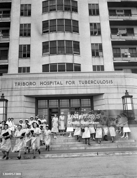 Graduate nurses from five foreign countries rush down the steps of the Triboro Hospital with the verve of college freshmen when classes are over for...