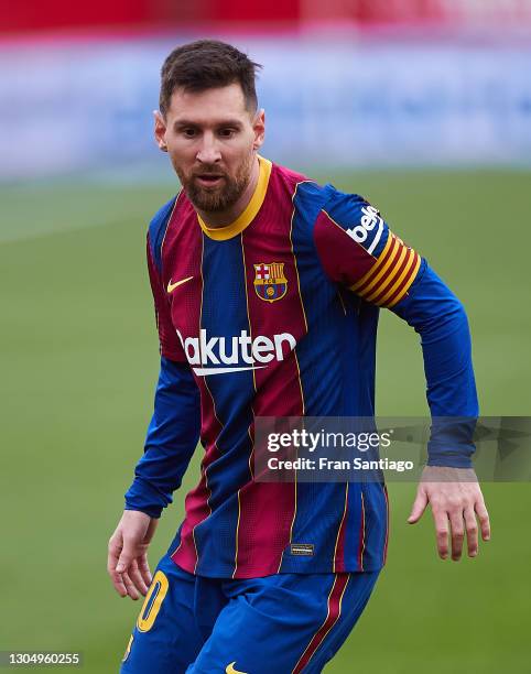 Lionel Messi of FC Barcelona in action during the La Liga Santander match between Sevilla FC and FC Barcelona at Estadio Ramon Sanchez Pizjuan on...