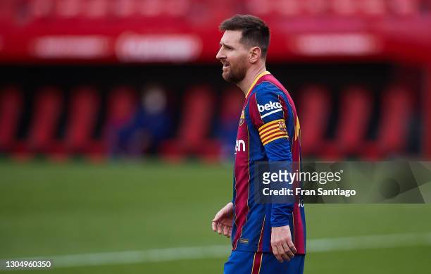 Lionel Messi of FC Barcelona looks on during the La Liga Santander match between Sevilla FC and FC Barcelona at Estadio Ramon Sanchez Pizjuan on...