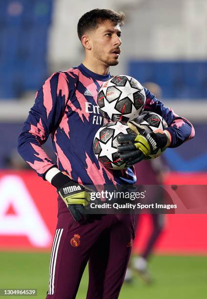 Diego Altube of Real Madrid looks on prior to the UEFA Champions League Round of 16 match between Atalanta and Real Madrid at Gewiss Stadium on...