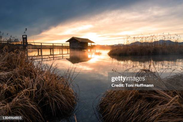 fishermans boathouse at sunrise and lake chiemsee - lago chiemsee fotografías e imágenes de stock