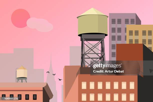 colorful illustration of the rooftops of new york city during idyllic sunset. - new york gemälde stock-fotos und bilder