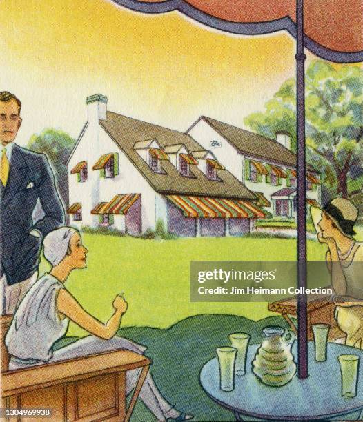 Group of affluent people gather on the lawn under an awning smoking cigarettes and drinking refreshments. The man wears a smart jacket and tie while...