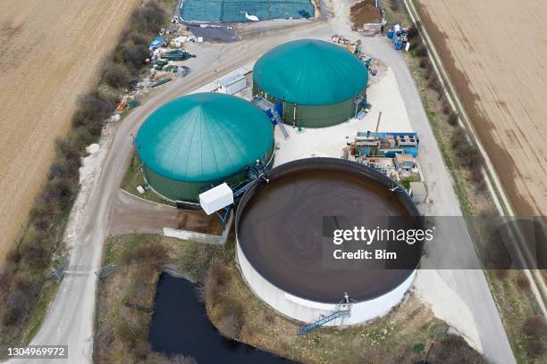 aerial view of biogas plant - biogas stock pictures, royalty-free photos & images