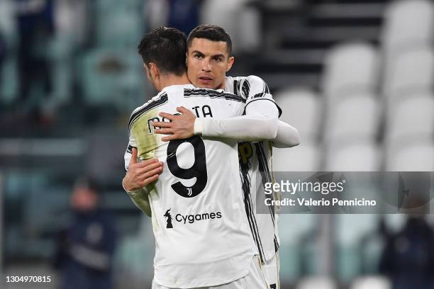 Cristiano Ronaldo of Juventus celebrates with team mate Alvaro Morata after scoring their side's third goal during the Serie A match between Juventus...