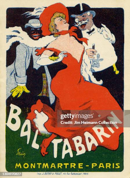 Pamphlet for the Bal Tabarin dance hall in the Montmartre section of Paris, France, features an illustration of a Black man and a white man...