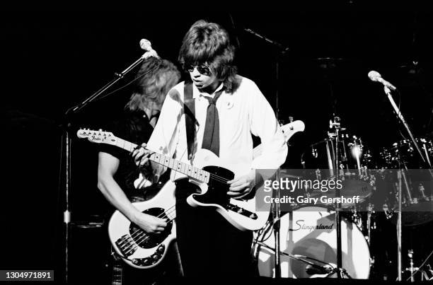 American New Wave and Pop musician Elliot Easton , of the group the Cars, plays guitar as he performs onstage at the Palladium, New York, New York,...