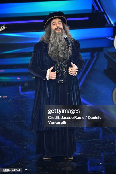 Max Gazzè performs at the 71th Sanremo Music Festival 2021 at Teatro Ariston on March 02, 2021 in Sanremo, Italy.