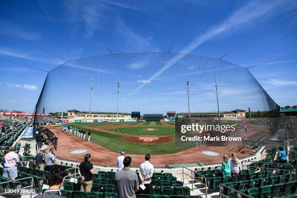 General view during the National Anthem prior to the spring training game between the Miami Marlins and the St. Louis Cardinals at Roger Dean...