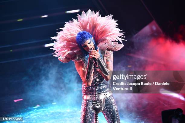 Achille Lauro performs at the 71th Sanremo Music Festival 2021 at Teatro Ariston on March 02, 2021 in Sanremo, Italy.