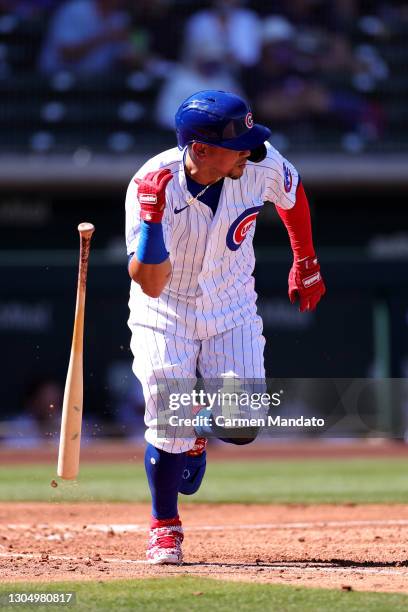 Lldemaro Vargas of the Chicago Cubs singles during the third inning of a preseason game against the Kansas City Royals on March 02, 2021 in Mesa,...