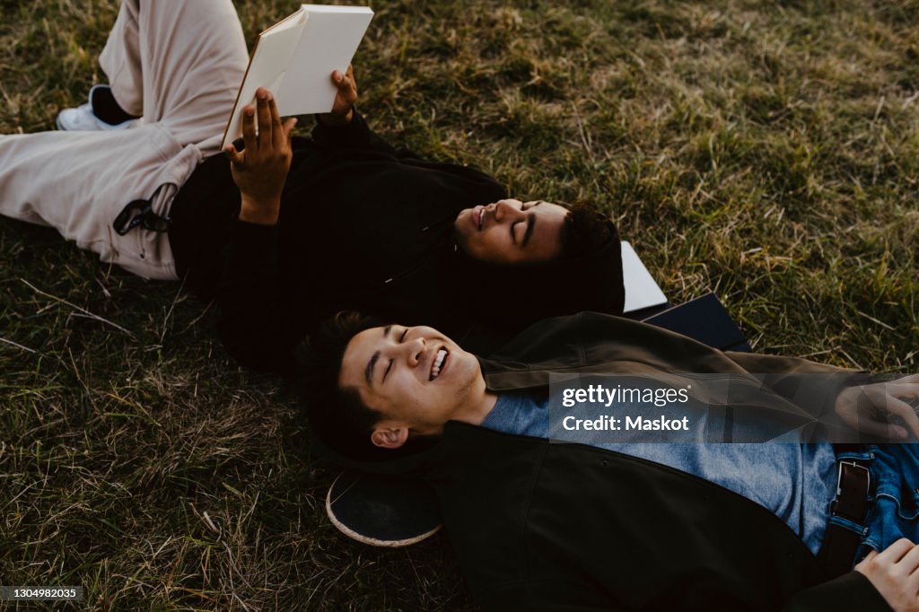 Young man reading diary lying down by male friend on grass in park