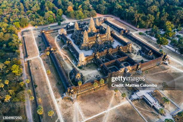 aerial view of angkor wat temple at sunset, cambodia - cambodia ストックフォトと画像