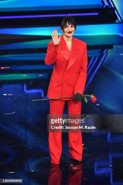 Arisa performs at the 71th Sanremo Music Festival 2021 at Teatro Ariston on March 02, 2021 in Sanremo, Italy.