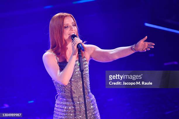 Noemi performs at the 71th Sanremo Music Festival 2021 at Teatro Ariston on March 02, 2021 in Sanremo, Italy.