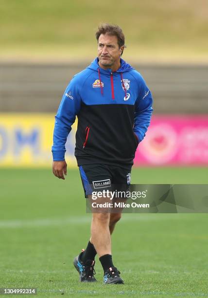 Luke Beveridge, head coach of the Bulldogs is seen during a Western Bulldogs AFL training session at Whitten Oval on March 03, 2021 in Melbourne,...