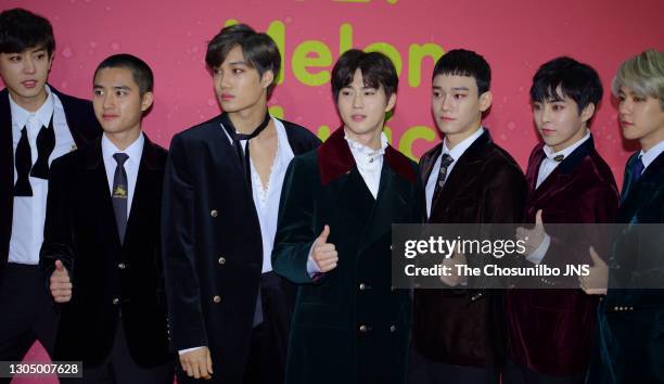 Chanyeol, D.O., Kai, Suho, Chen, Xiumin, Baekhyun of EXO attend the 2017 Melon Music Award at Gocheok Sky Dome on December 02, 2017 in Seoul, South...