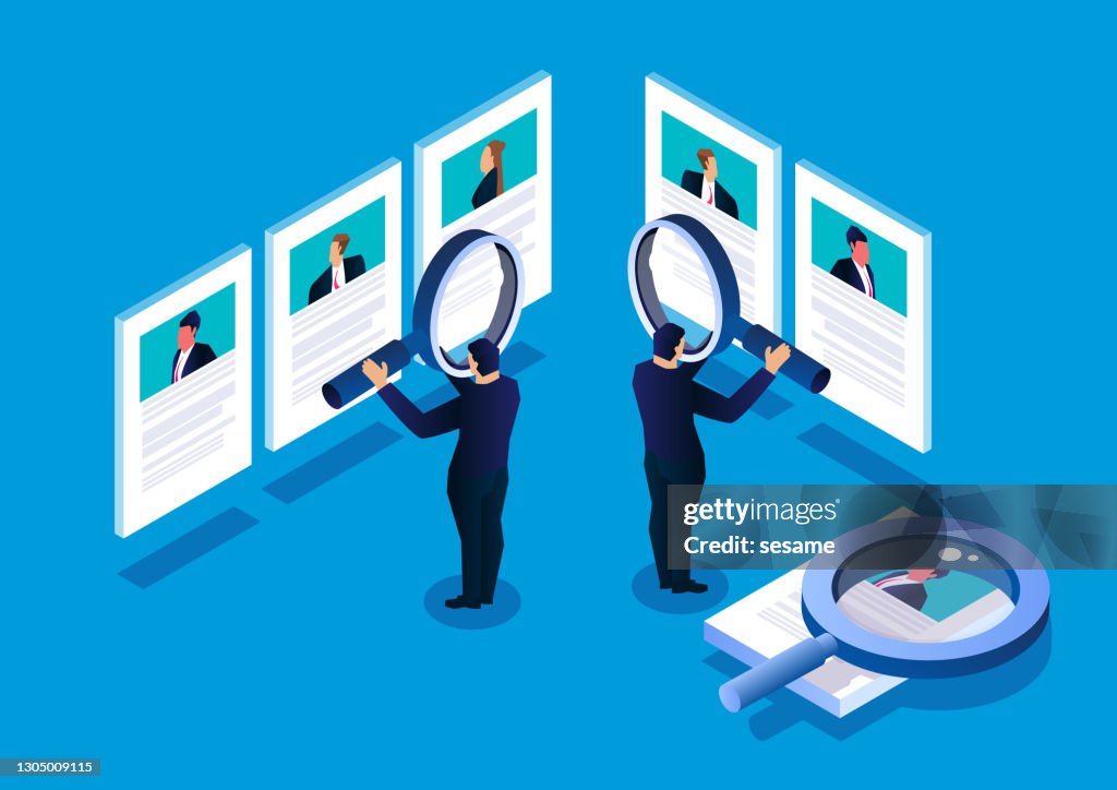 Isometric manager holding a magnifying glass to view recruitment resume, concept of recruitment and human resources
