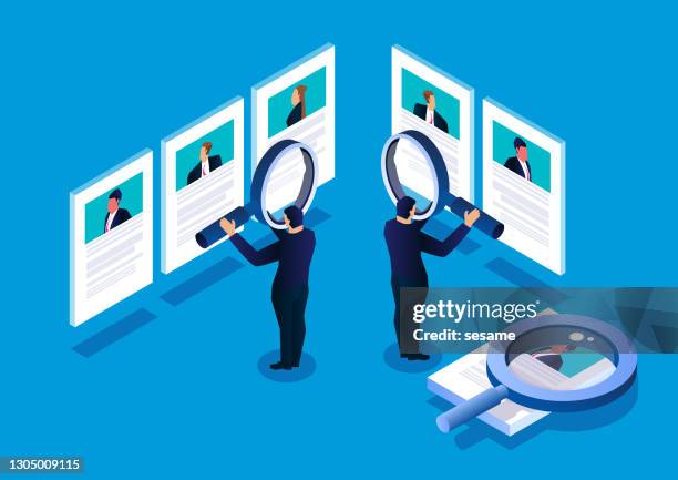 isometric manager holding a magnifying glass to view recruitment resume, concept of recruitment and human resources - ideal candidate stock illustrations