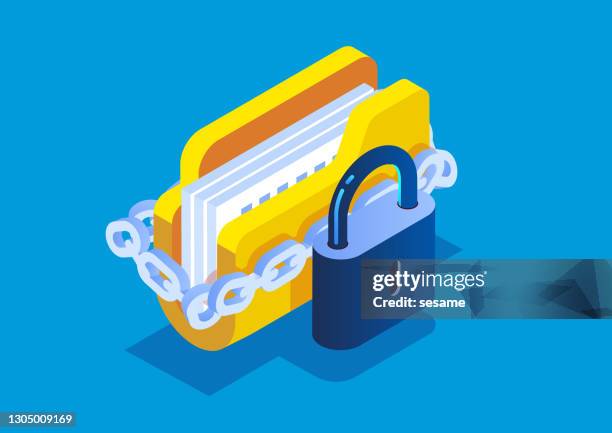 stockillustraties, clipart, cartoons en iconen met folder gegevensbeveiliging, gegevensbescherming, bestandsbeveiliging en toegangsrechten, concept van persoonlijke privacy-informatie - security guard