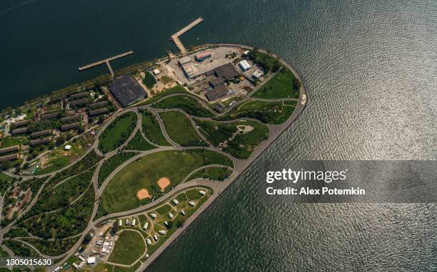 aerial view of fort jay on the governors island. - governors island stock pictures, royalty-free photos & images