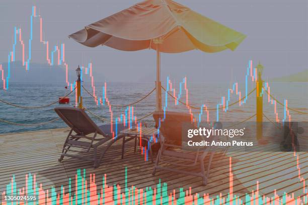 sun loungers at the resort on the background of stock charts. crisis in world tourism - stock market volatility stock pictures, royalty-free photos & images