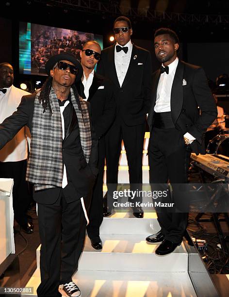 Lil Wayne, T.I., Jay-Z, Kanye West backstage at the 51st Annual GRAMMY Awards at the Staples Center on February 8, 2009 in Los Angeles, California.