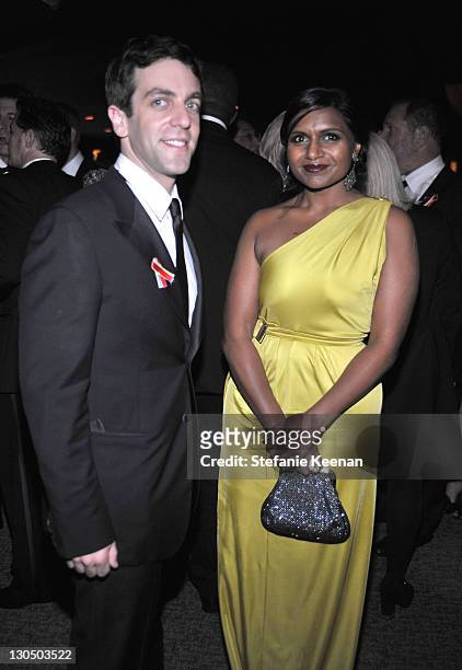 Actors B.J. Novak and Mindy Kaling attend the Weinstein Company Golden Globes after party co-hosted by Martini held at BAR 210 at The Beverly Hilton...