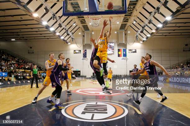 Nathan Sobey of the Bullets drives to the basket during the NBL Cup match between the New Zealand Breakers and the Brisbane Bullets at State...