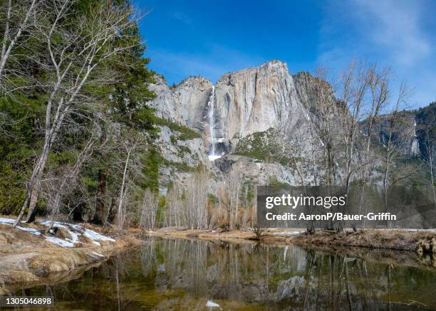 General views of Yosemite Falls in Yosemite Valley on February 25, 2021 in Yosemite, California.