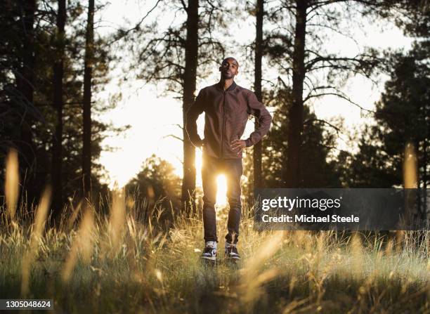 Mo Farah pose for a portrait on August 27, 2019 in Flagstaff, United States.This image is part of a series following Mo Farah behind the scenes in...