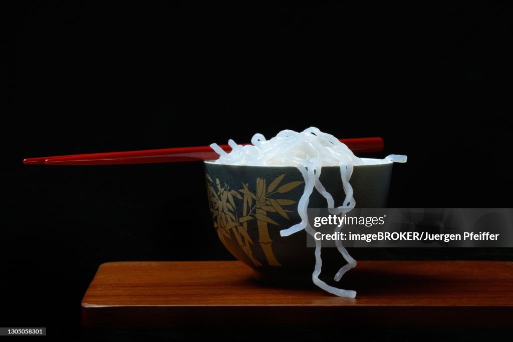 Shirataki noodles made from konjac flour in a bowl with chopsticks, Germany