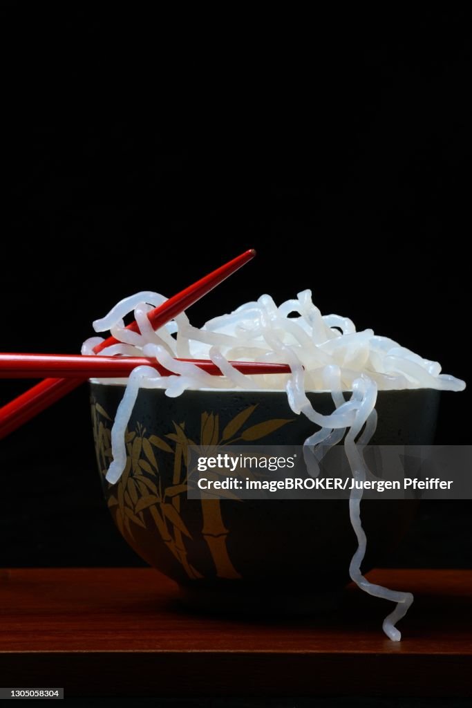 Shirataki noodles made from konjac flour in a bowl with chopsticks, Germany