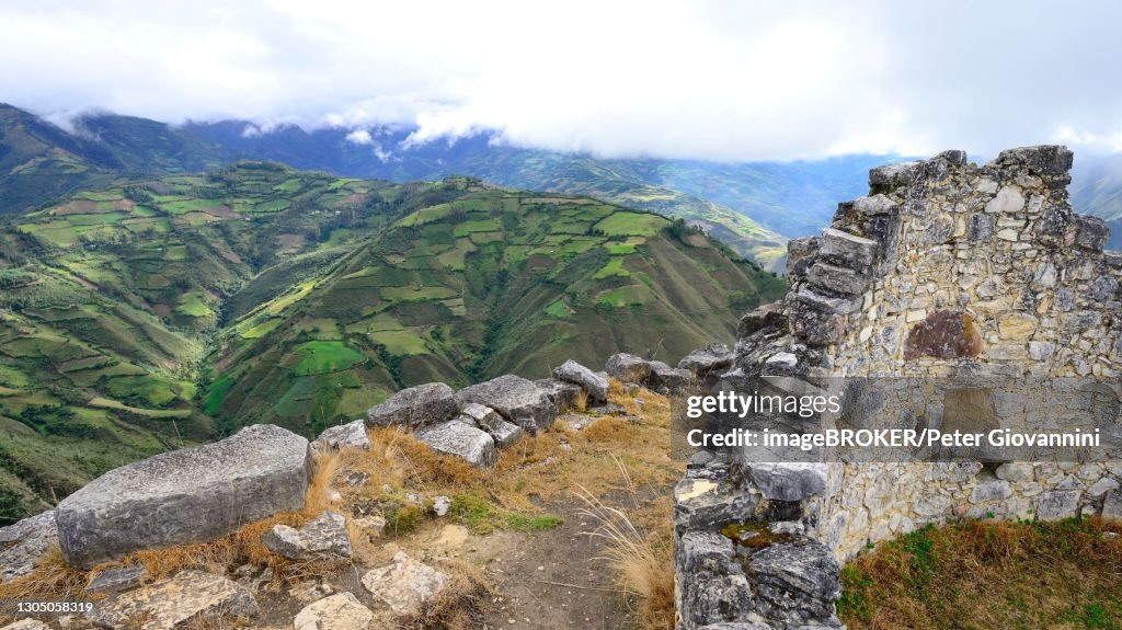 View of cultivated hills from the ruined city of the Chachapoya culture, Kuelap, Luya province, Amazon region, Peru