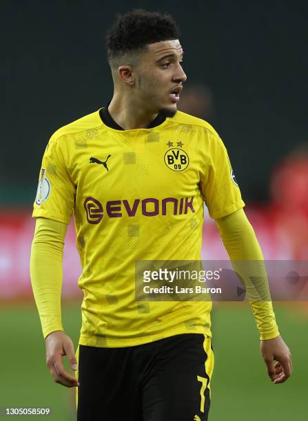 Jadon Sancho of Dortmund is seen during the DFB Cup quarter final match between Borussia Mönchengladbach and Borussia Dortmund at Borussia-Park on...