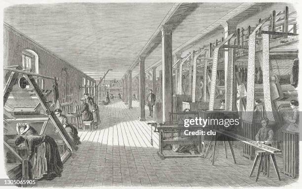 schmiedeberg, silesia, work room in the carpets factory - cartoon factory worker stock illustrations
