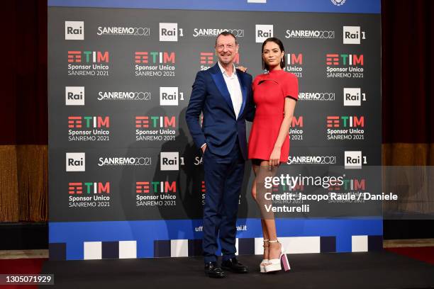 Amadeus and Elodie attend the 71th Sanremo Music Festival 2021 press conference at Teatro Ariston on March 03, 2021 in Sanremo, Italy.