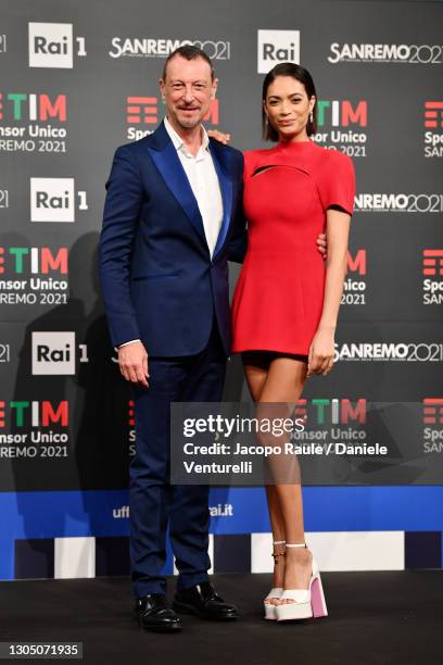 Amadeus and Elodie attend the 71th Sanremo Music Festival 2021 press conference at Teatro Ariston on March 03, 2021 in Sanremo, Italy.