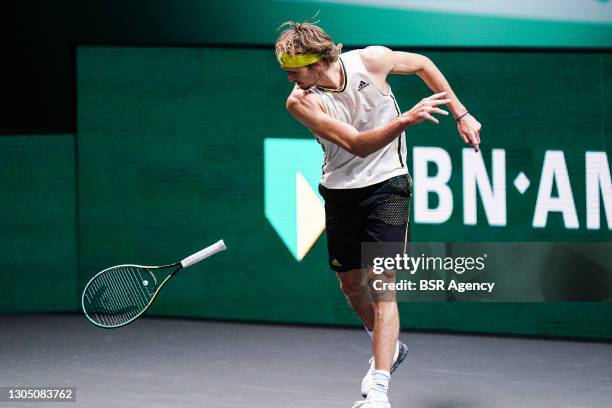 Alexander Zverev of Germany disappointed and angry during his match against Alexander Bublik of Kazakhstan at Rotterdam Ahoy on March 3, 2021 in...