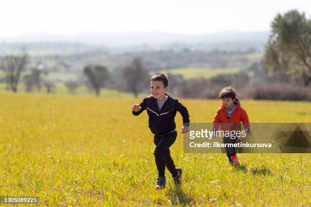 happy little boys running on meadow - tag 2 stock pictures, royalty-free photos & images