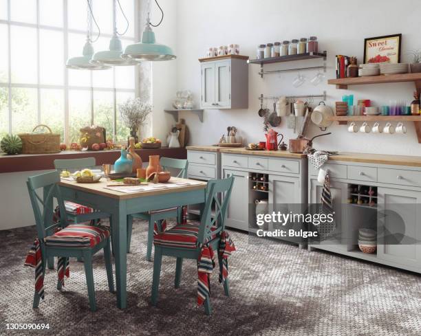 old-fashioned domestic kitchen interior - dining room stock pictures, royalty-free photos & images