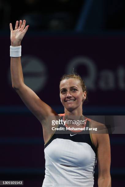 Petra Kvitova of The Czech Republic celebrates victory after winning her Round of 16 singles match against Anastasia Pavlyuchenkova of Russia during...