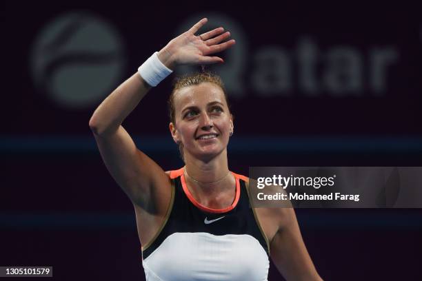 Petra Kvitova of The Czech Republic celebrates victory after winning her Round of 16 singles match against Anastasia Pavlyuchenkova of Russia during...