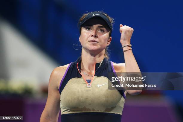 Elina Svitolina of Ukraine celebrates in her Round of 16 singles match against Misaki Doi of Japan during Day Three of the Qatar Total Open 2021 at...