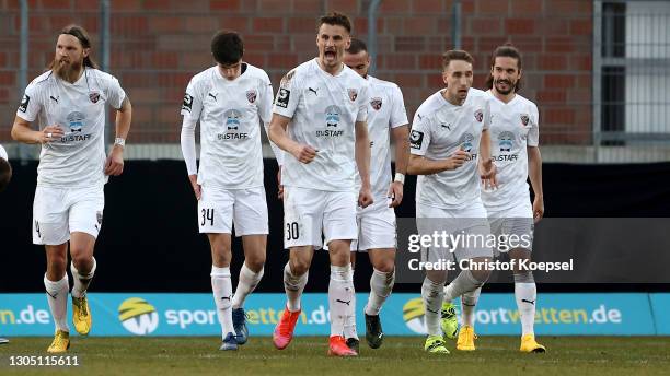 Stefan Kutschke of Ingolstadt celebrates the first goal during the 3. Liga match between KFC Uerdingen 05 and FC Ingolstadt 04 at Frimo Stadium on...