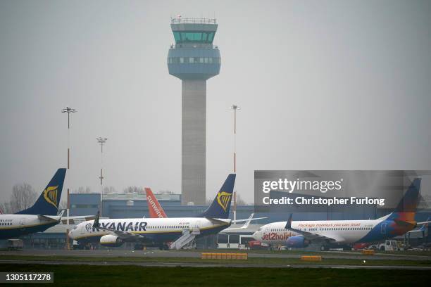 Aircraft sit on the apron at East Midlands Airport, part of the Gateway Industrial Cluster, and one of the announced freeports across the UK on March...