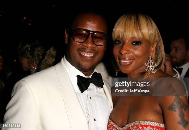 Music producer Andre Hurrell and singer Mary J. Blige attend amfAR's Cinema Against AIDS 2008 benefit dinner held at Le Moulin de Mougins during the...