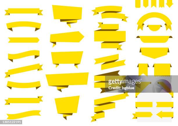 illustrazioni stock, clip art, cartoni animati e icone di tendenza di set di nastri gialli, striscioni, badge, etichette - elementi di progettazione su sfondo bianco - giallo