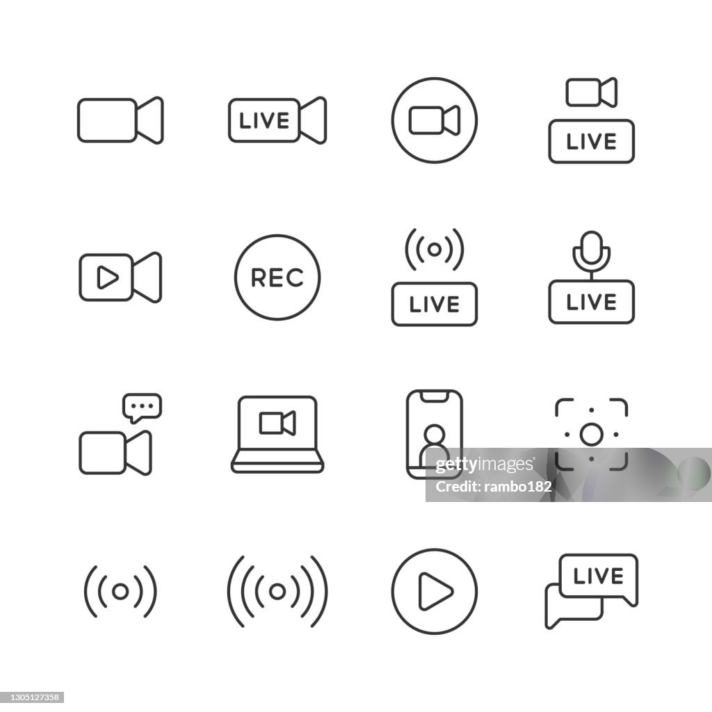 Live-Streaming-Line-Symbole. Bearbeitbarer Strich. Pixel perfekt. Für Mobile und Web. Enthält Symbole wie Live, Web Streaming, Video Streaming, Broadcasting, Podcast, Television, Sport, Device Screen, Film and Movie, Social Media, Influencer, Device Scre