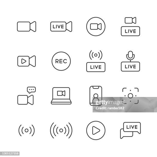 ilustraciones, imágenes clip art, dibujos animados e iconos de stock de iconos de línea de transmisión en vivo. trazo editable. pixel perfecto. para móviles y web. contiene iconos como live, web streaming, video streaming, broadcasting, podcast, television, sport, device screen, film and movie, social media, influencer, dev - transmisión en vivo